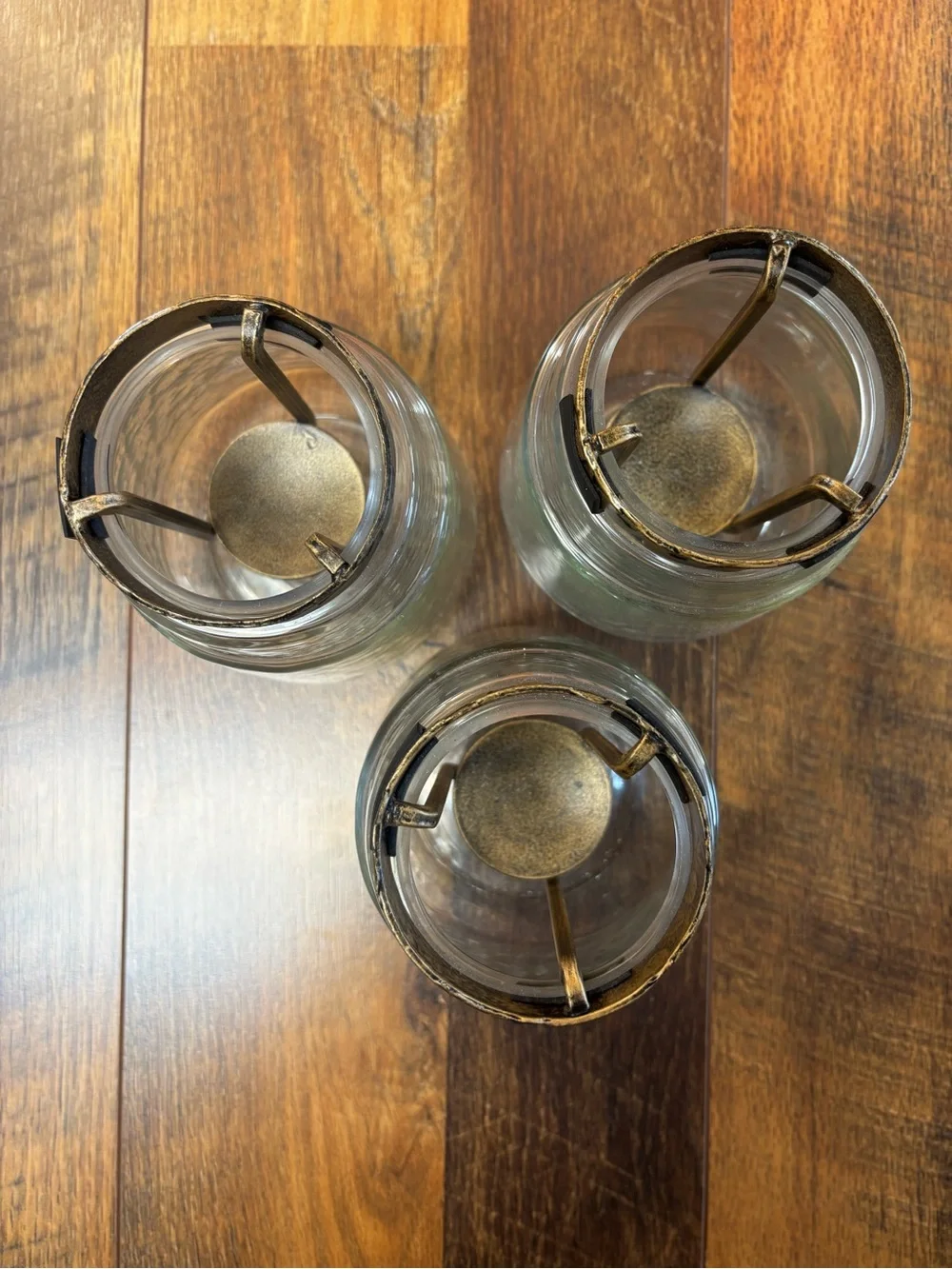 Pier 1 hammered glass candle votives, rustic metal rim, suspended tea light, 3